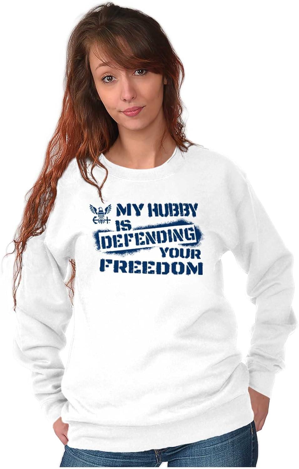 imageBrisco Brands US Navy Husband Defending Freedom Wife Sweatshirt for Men or WomenWhite