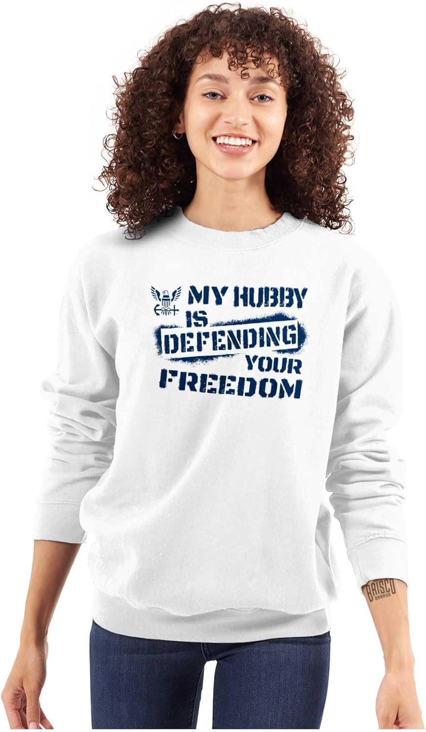 imageBrisco Brands US Navy Husband Defending Freedom Wife Sweatshirt for Men or WomenWhite
