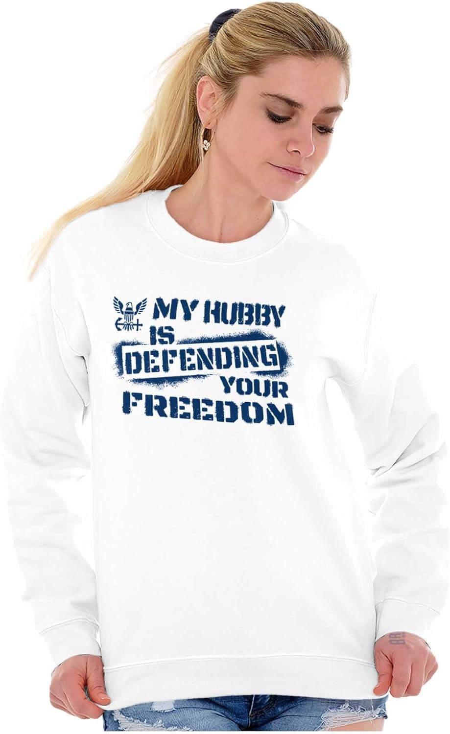 imageBrisco Brands US Navy Husband Defending Freedom Wife Sweatshirt for Men or WomenWhite