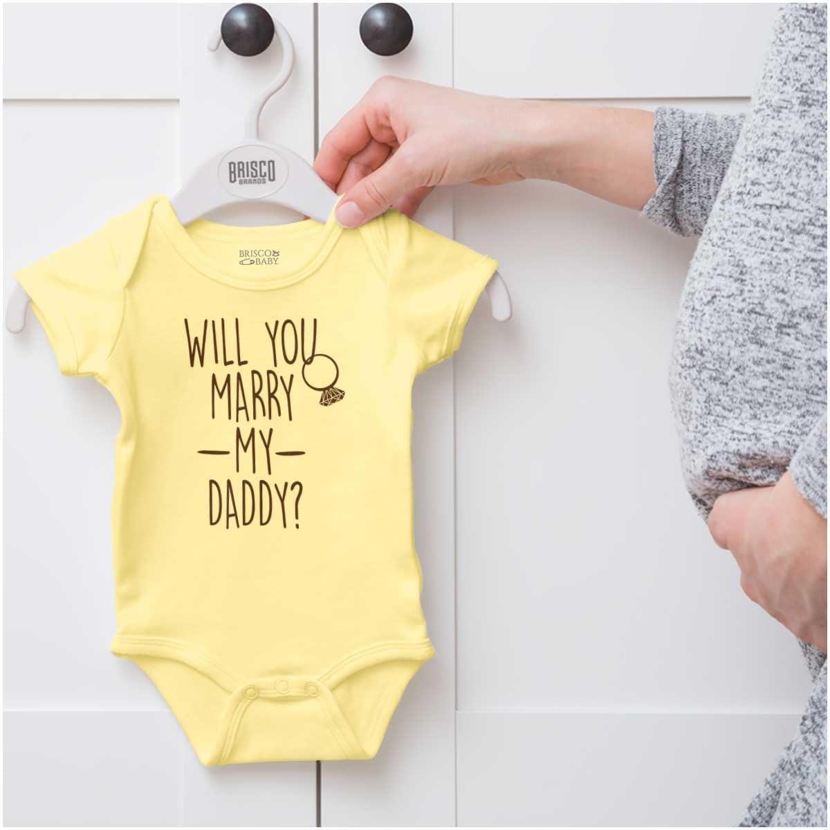 imageBrisco Brands Will You Marry My Daddy Engagement Baby Romper Boys or GirlsBanana