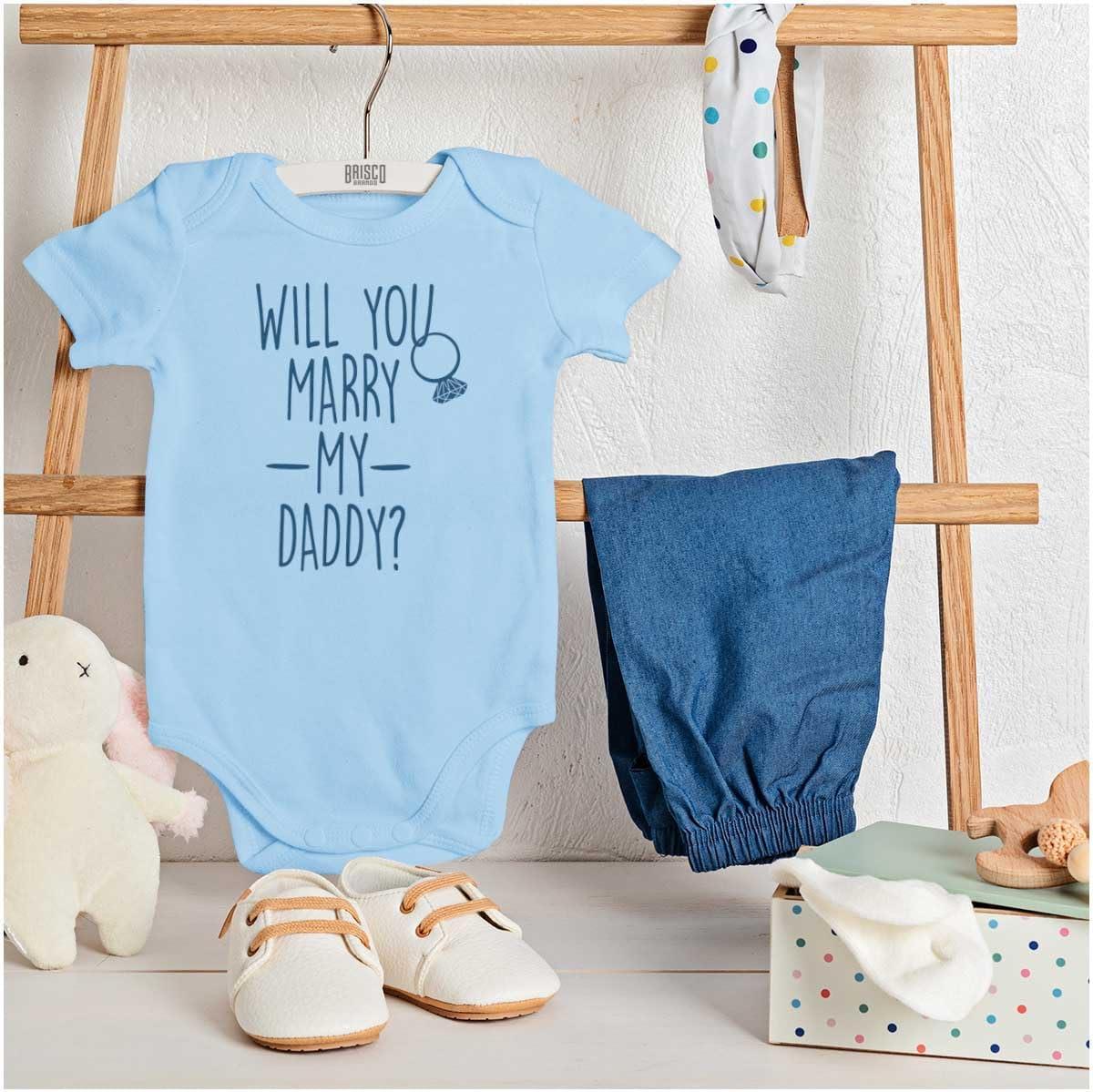 imageBrisco Brands Will You Marry My Daddy Engagement Baby Romper Boys or GirlsLight Blue