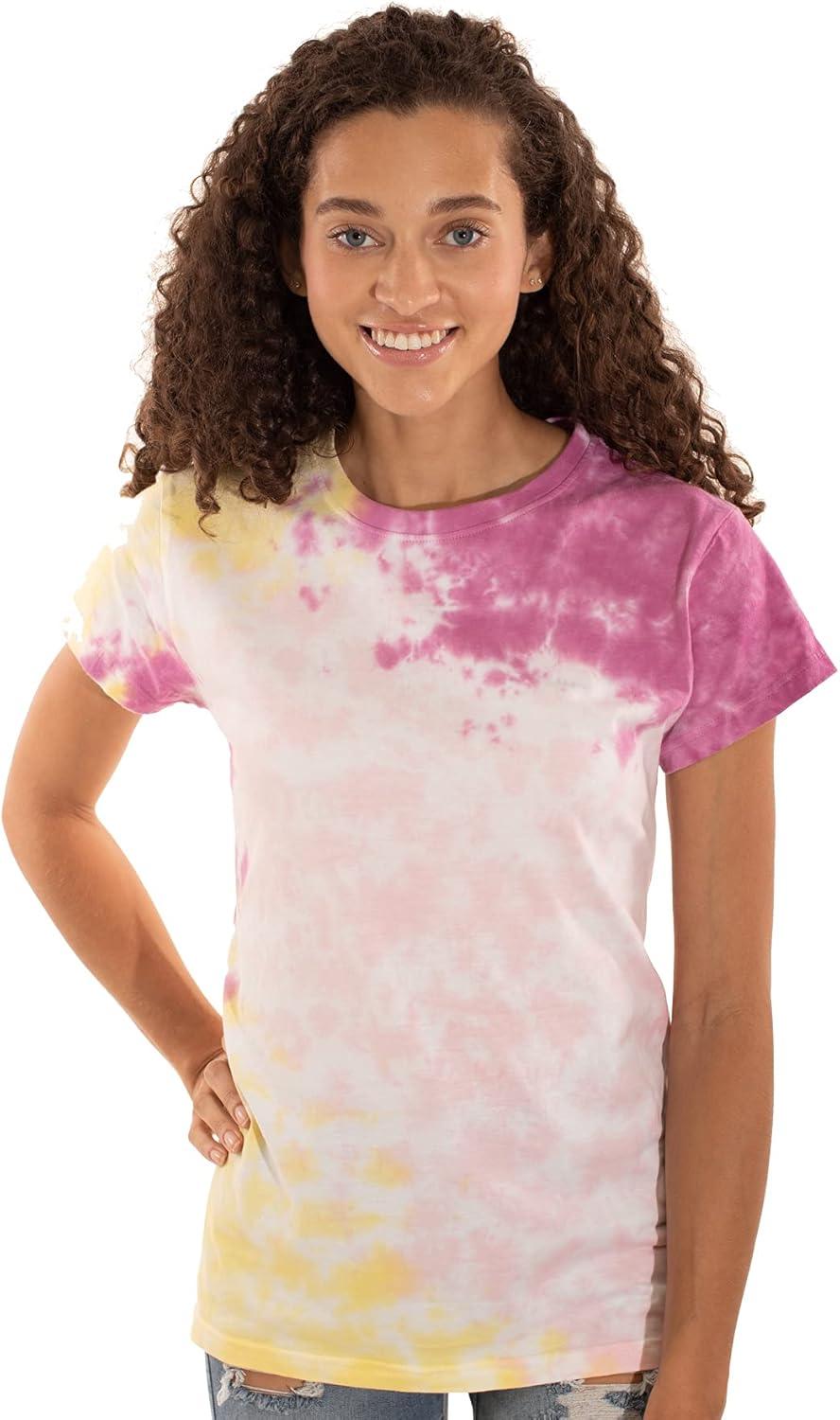 imageBrisco Brands Womens Fitted Tie Dye TShirt Juniors Colorful Cloud Short Sleeve Crewneck TeeLemon Raspberry