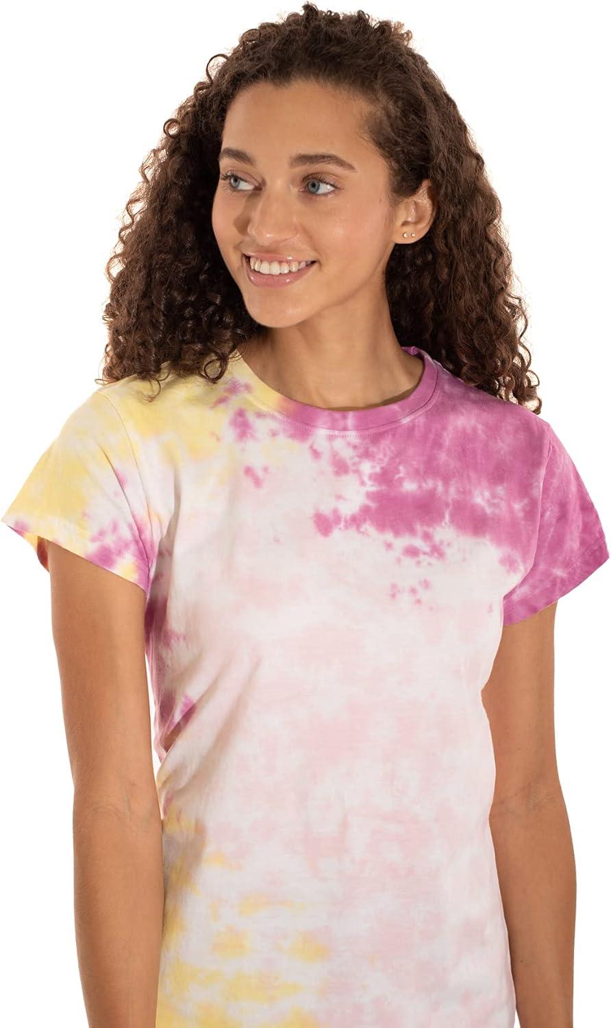 imageBrisco Brands Womens Fitted Tie Dye TShirt Juniors Colorful Cloud Short Sleeve Crewneck TeeLemon Raspberry