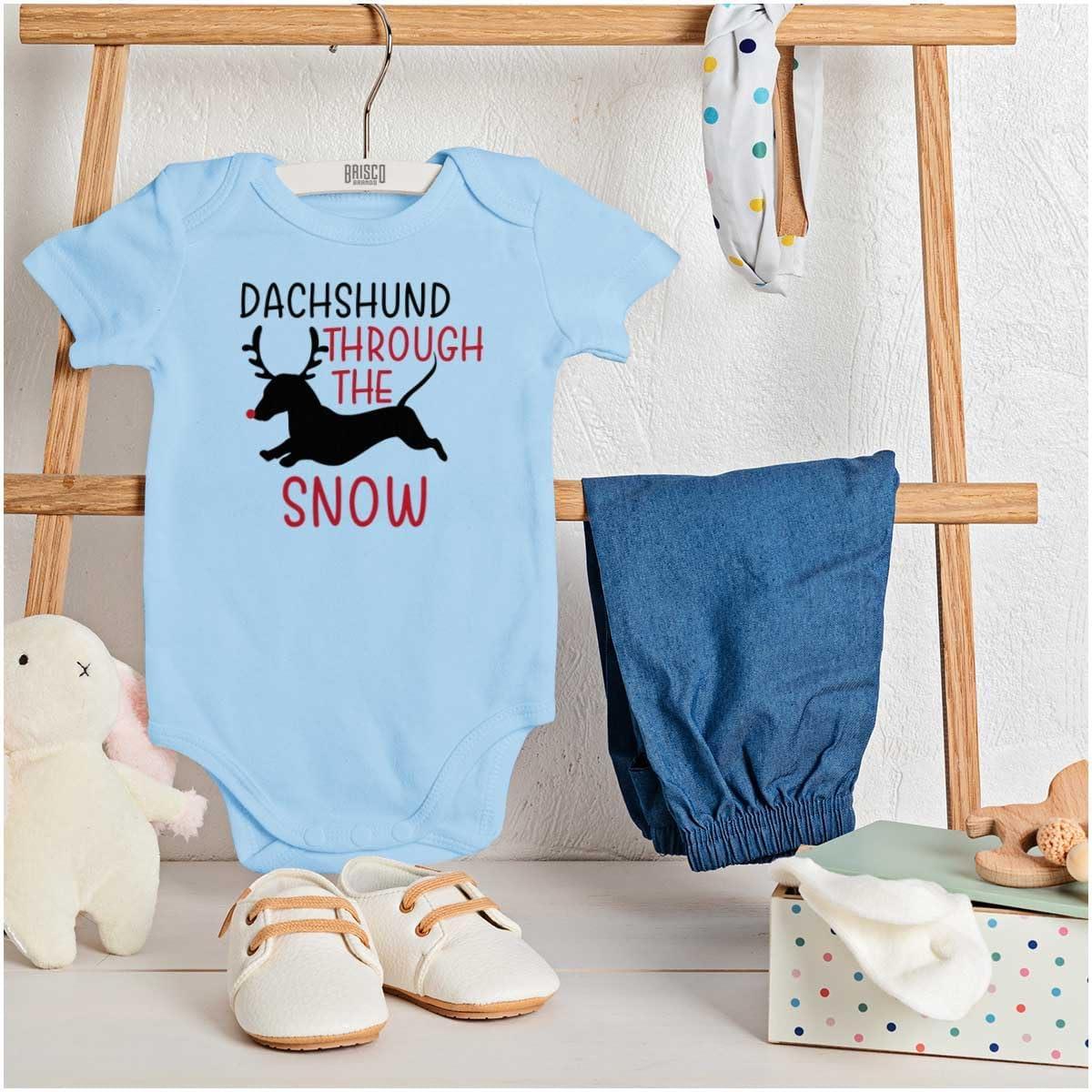 imageBrisco Brands Xmas Dachshund Through The Snow Baby Romper Boys or GirlsLight Blue