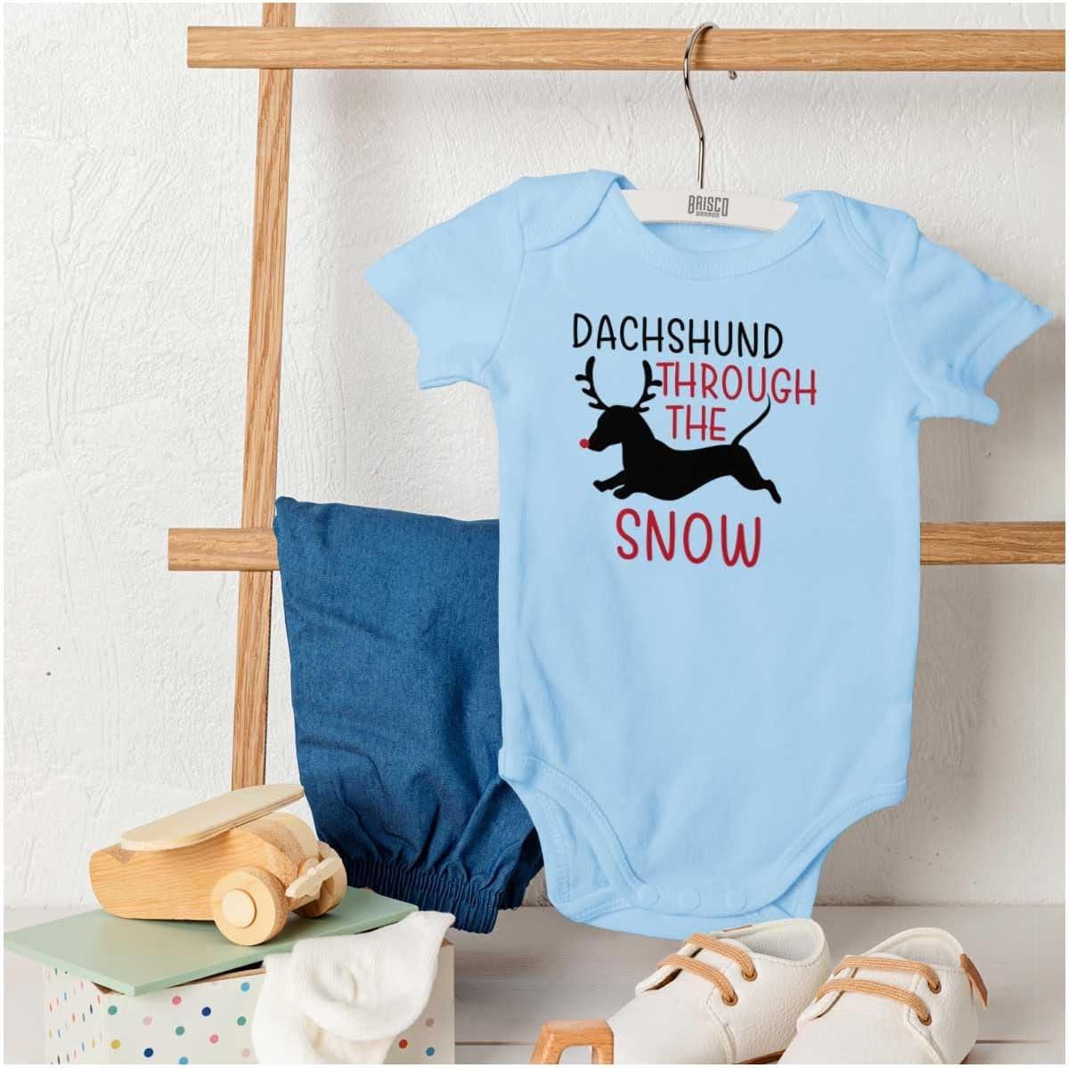 imageBrisco Brands Xmas Dachshund Through The Snow Baby Romper Boys or GirlsLight Blue
