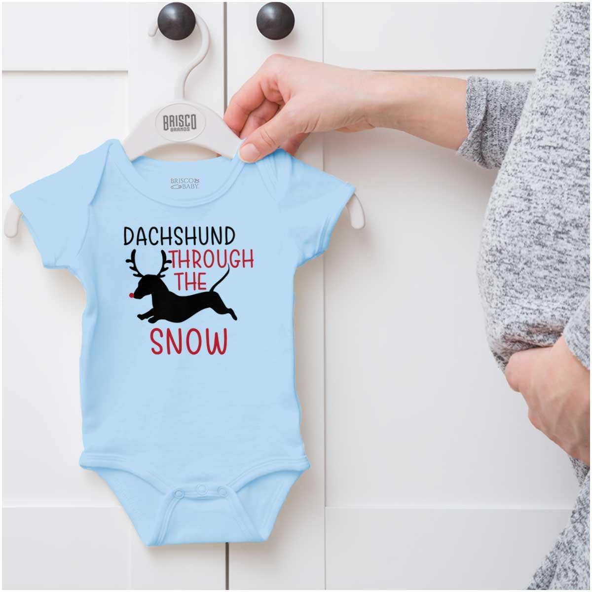 imageBrisco Brands Xmas Dachshund Through The Snow Baby Romper Boys or GirlsLight Blue