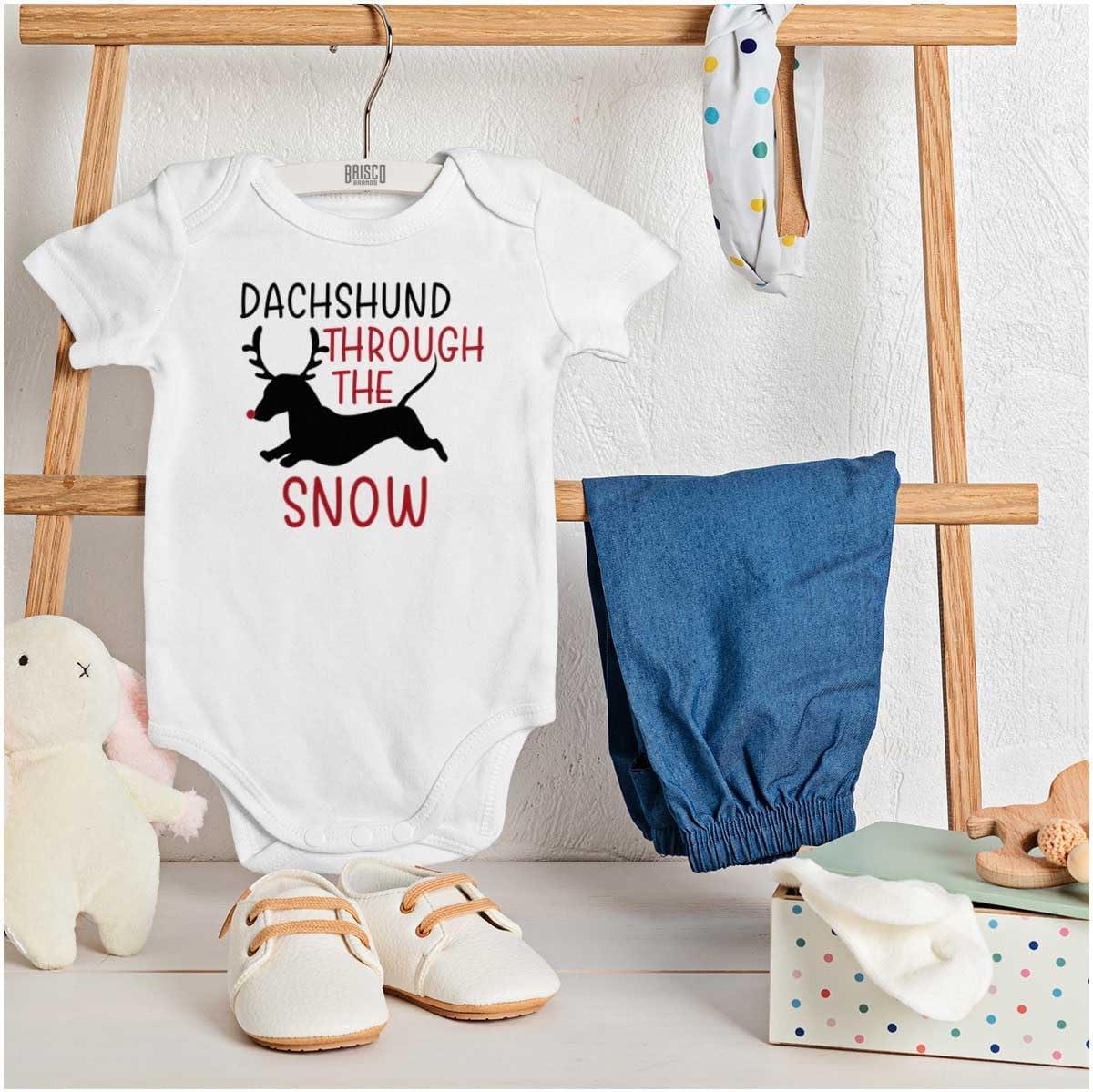 imageBrisco Brands Xmas Dachshund Through The Snow Baby Romper Boys or GirlsWhite