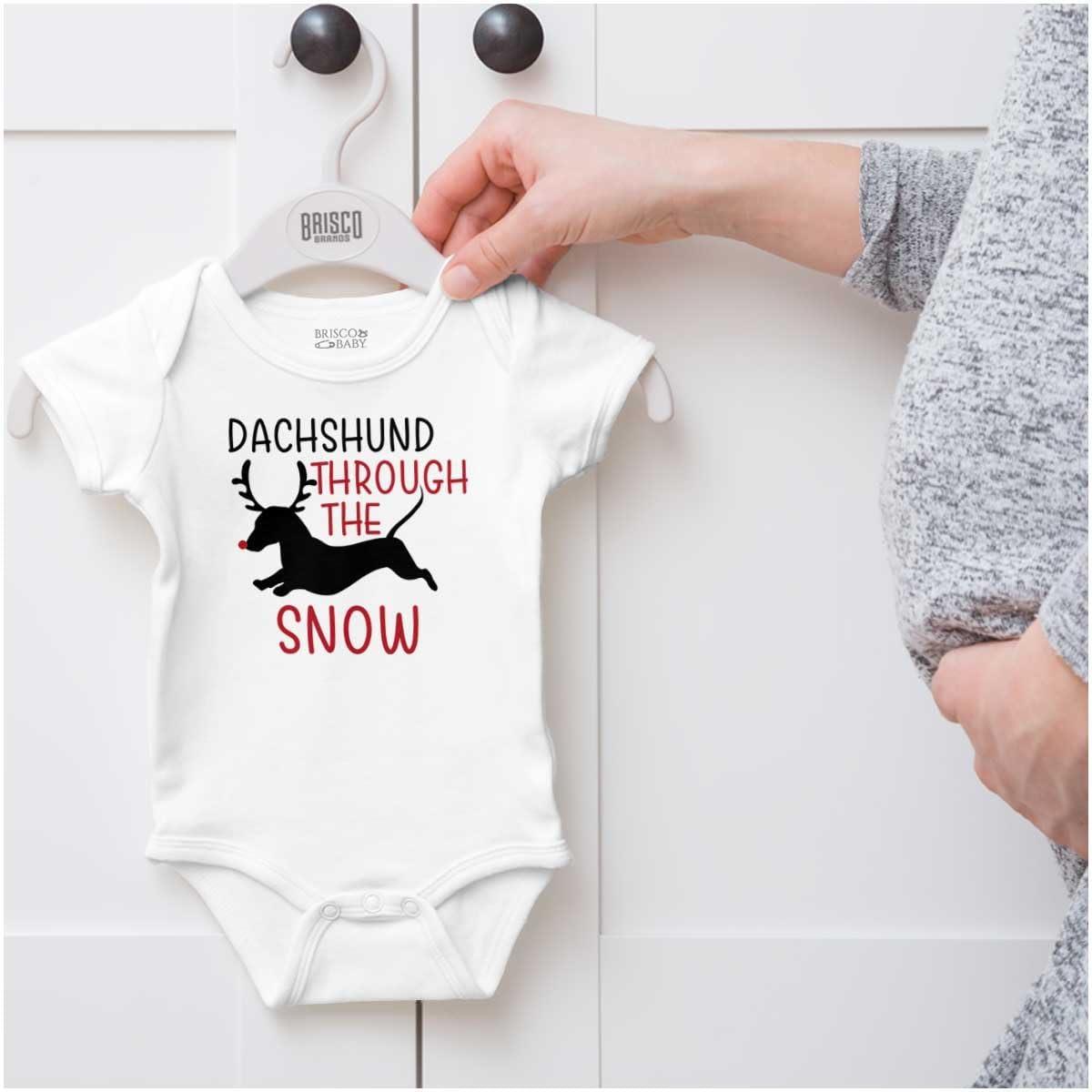 imageBrisco Brands Xmas Dachshund Through The Snow Baby Romper Boys or GirlsWhite