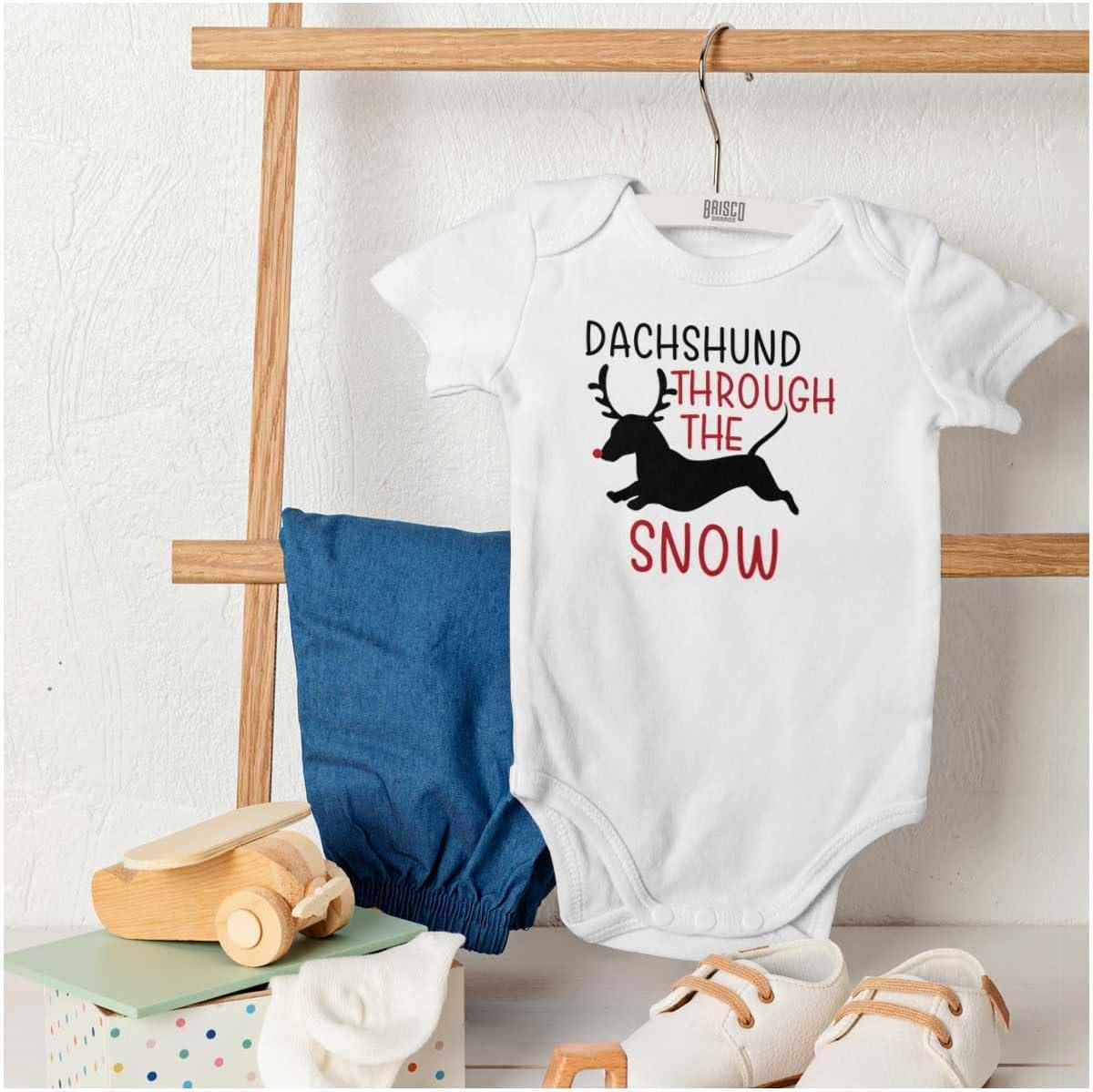 imageBrisco Brands Xmas Dachshund Through The Snow Baby Romper Boys or GirlsWhite