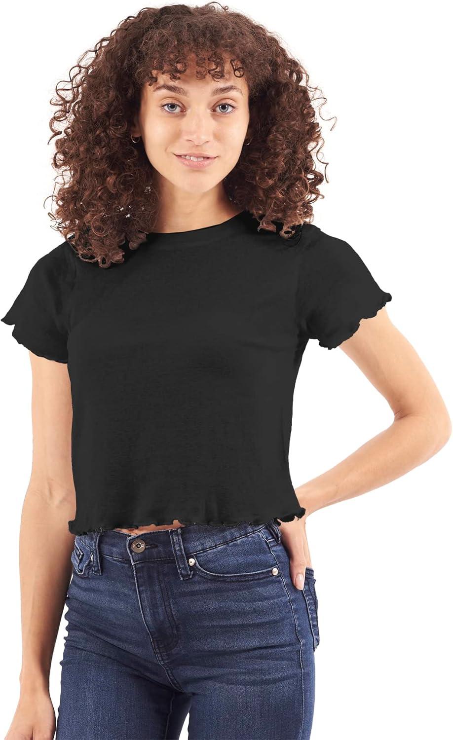 imageWomens Lettuce Edge Crop Top Junior Ruffle Trim Crewneck TShirtBlack