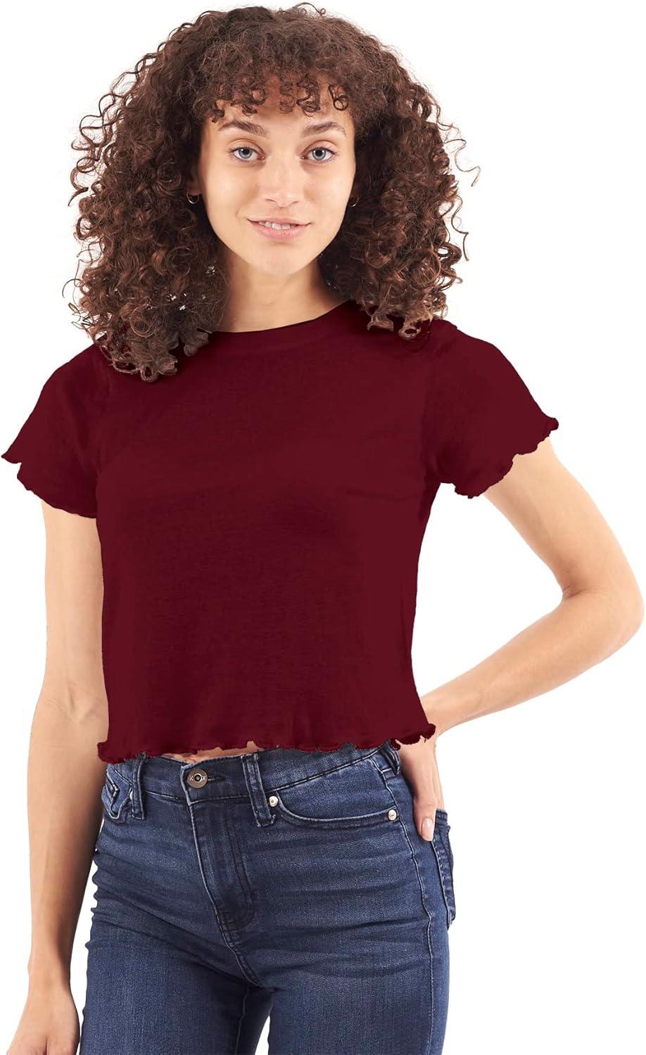 imageWomens Lettuce Edge Crop Top Junior Ruffle Trim Crewneck TShirtBurgundy