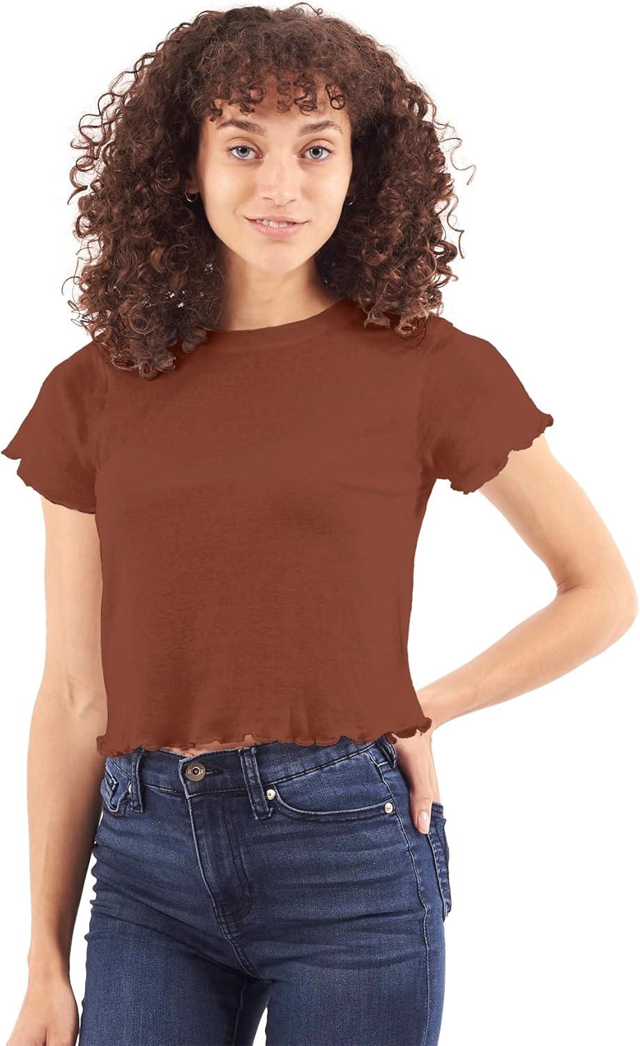 imageWomens Lettuce Edge Crop Top Junior Ruffle Trim Crewneck TShirtChocolate