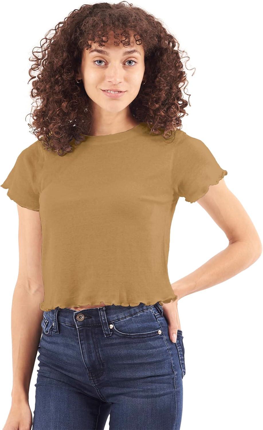 imageWomens Lettuce Edge Crop Top Junior Ruffle Trim Crewneck TShirtOatmeal