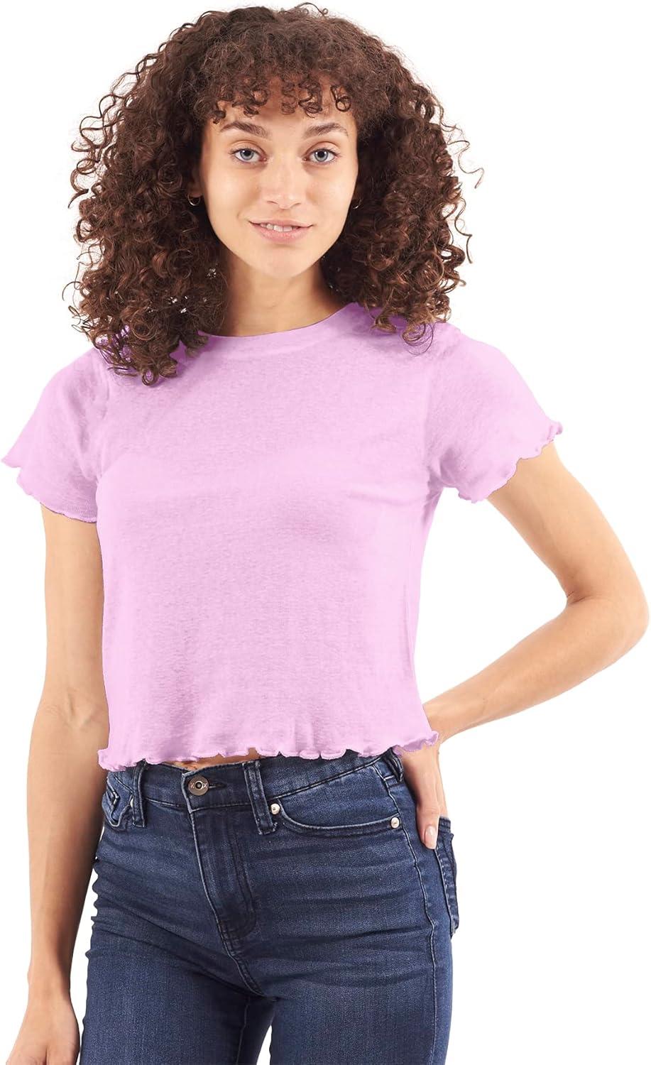 imageWomens Lettuce Edge Crop Top Junior Ruffle Trim Crewneck TShirtOrchid