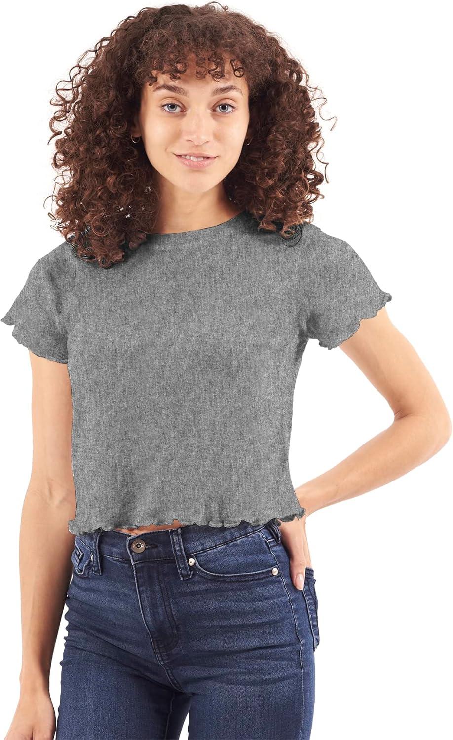 imageWomens Lettuce Edge Crop Top Junior Ruffle Trim Crewneck TShirtSport Grey