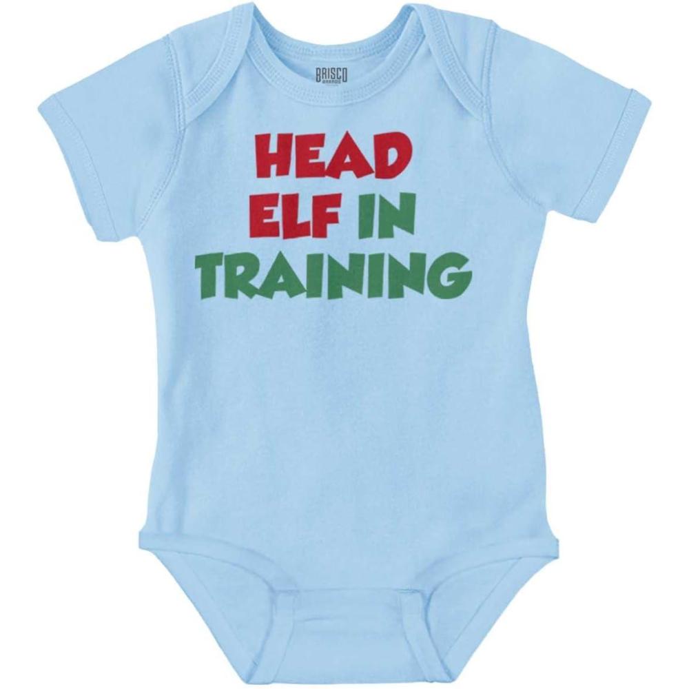 imageBrisco Brands Christmas Head Elf In Training Baby Romper Boys or GirlsLight Blue