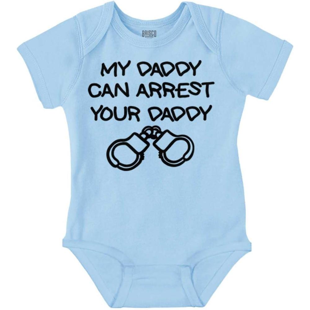 imageBrisco Brands Cop Dad My Daddy Can Arrest Yours Baby Romper Boys or GirlsLight Blue
