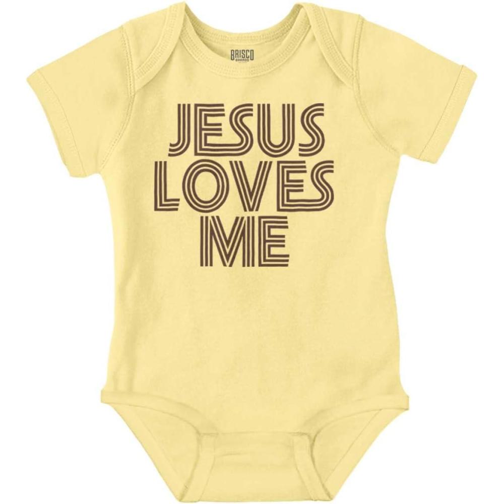imageBrisco Brands Jesus Loves Me Retro Christian Baby Romper Boys or GirlsBanana