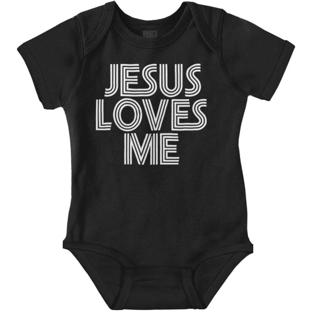 imageBrisco Brands Jesus Loves Me Retro Christian Baby Romper Boys or GirlsBlack