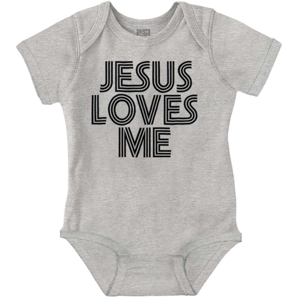 imageBrisco Brands Jesus Loves Me Retro Christian Baby Romper Boys or GirlsHeather