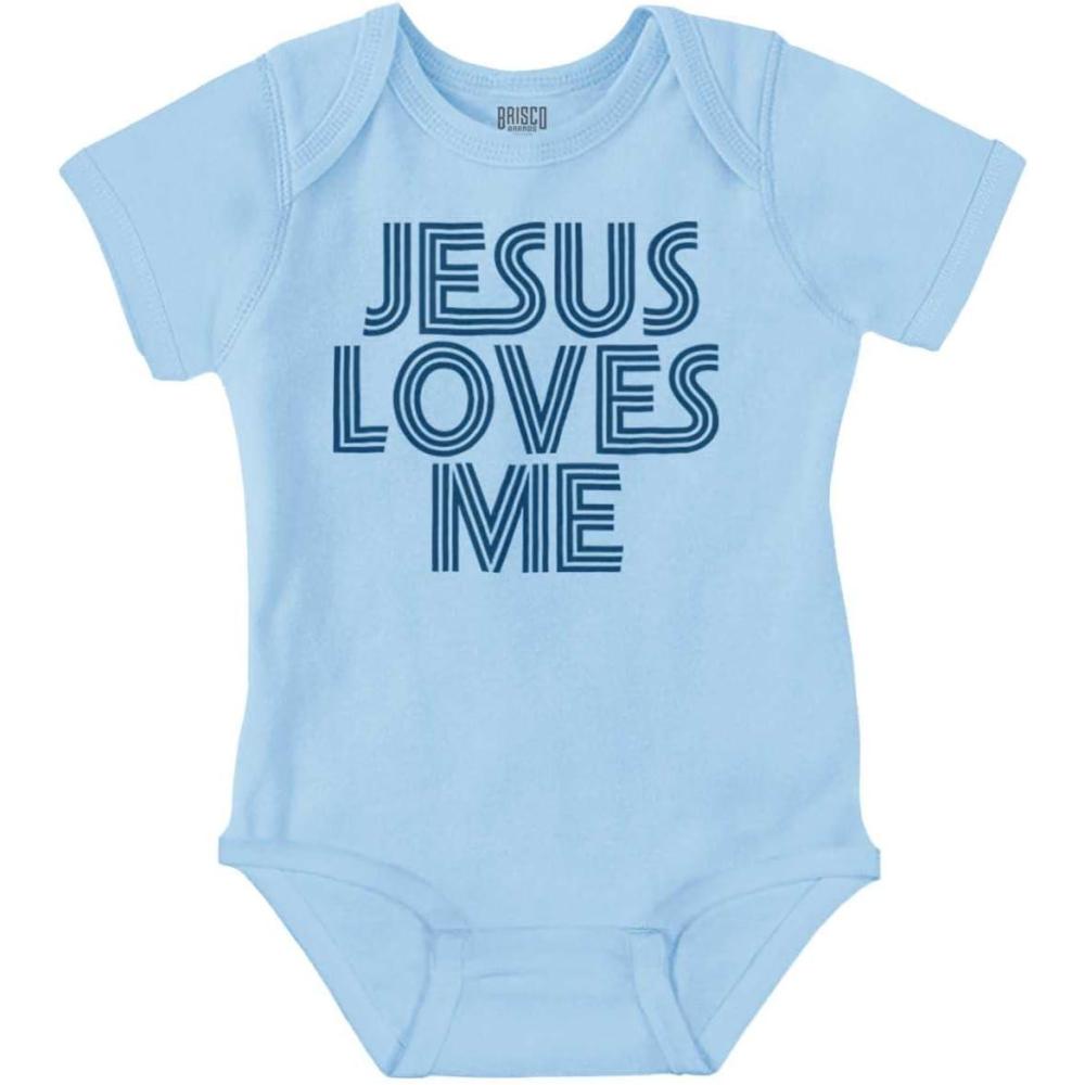 imageBrisco Brands Jesus Loves Me Retro Christian Baby Romper Boys or GirlsLight Blue