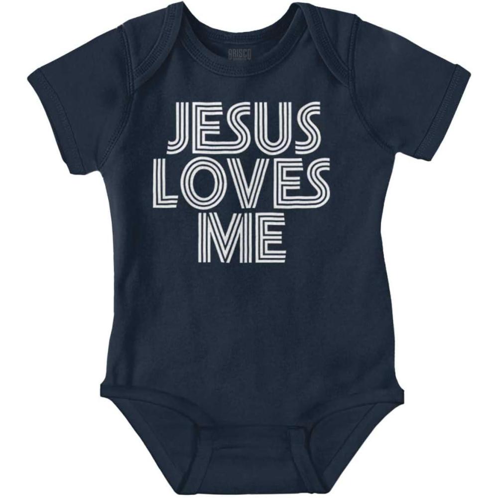 imageBrisco Brands Jesus Loves Me Retro Christian Baby Romper Boys or GirlsNavy
