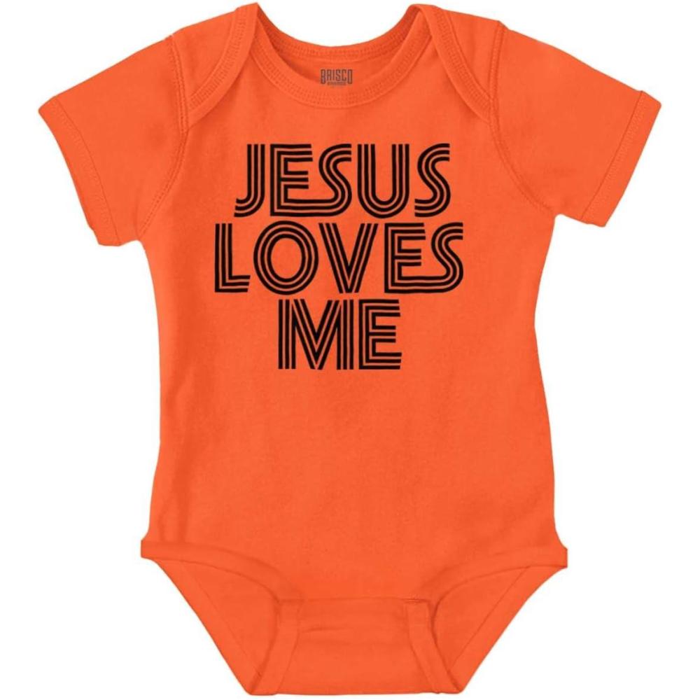 imageBrisco Brands Jesus Loves Me Retro Christian Baby Romper Boys or GirlsOrange