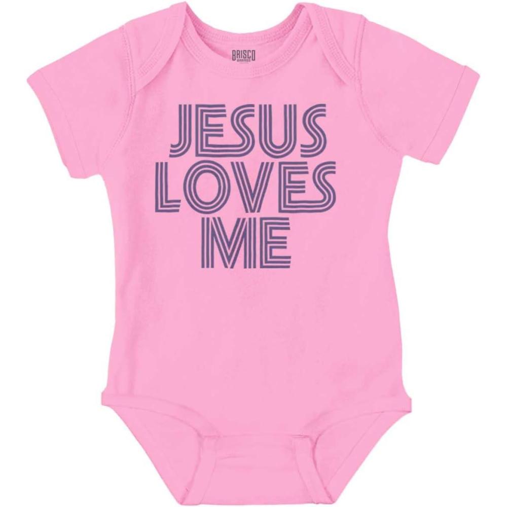 imageBrisco Brands Jesus Loves Me Retro Christian Baby Romper Boys or GirlsPink