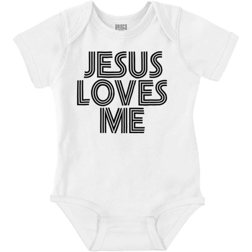 imageBrisco Brands Jesus Loves Me Retro Christian Baby Romper Boys or GirlsWhite