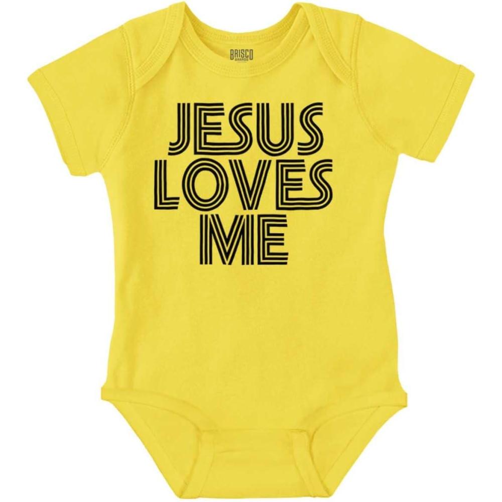 imageBrisco Brands Jesus Loves Me Retro Christian Baby Romper Boys or GirlsZest