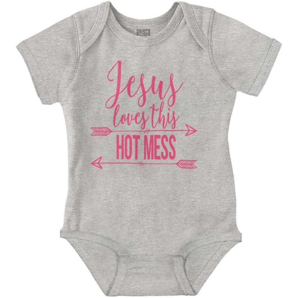 imageBrisco Brands Jesus Loves this Hot Mess Funny Baby Bodysuit Jumper GirlsHeather