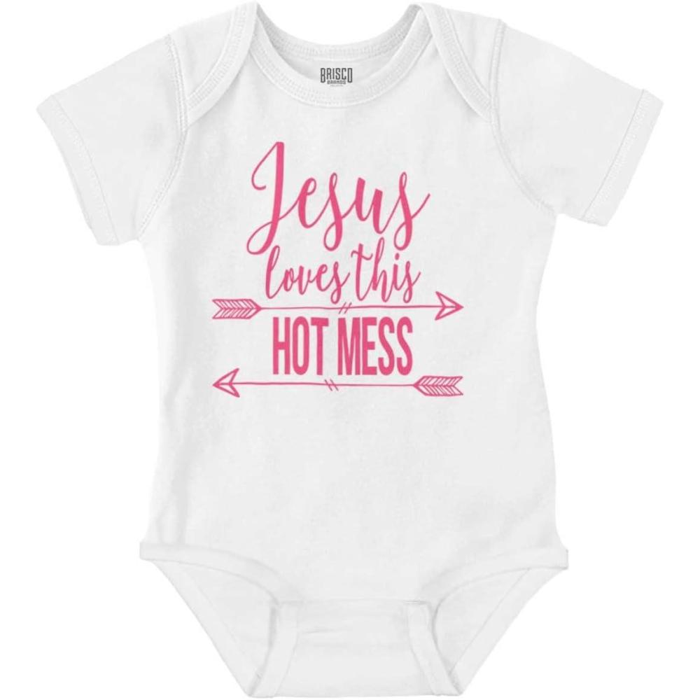 imageBrisco Brands Jesus Loves this Hot Mess Funny Baby Bodysuit Jumper GirlsWhite