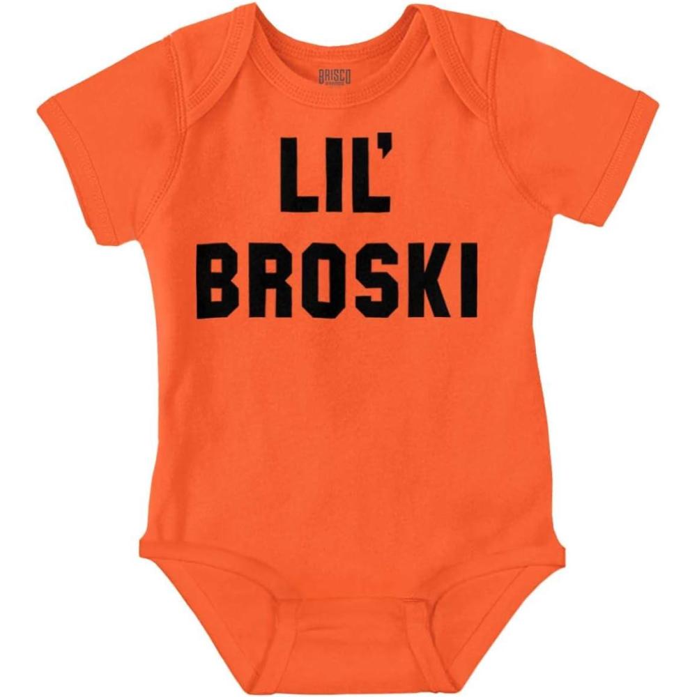 imageBrisco Brands Lil Broski Funny Younger Brother Baby Bodysuit Jumper BoysOrange