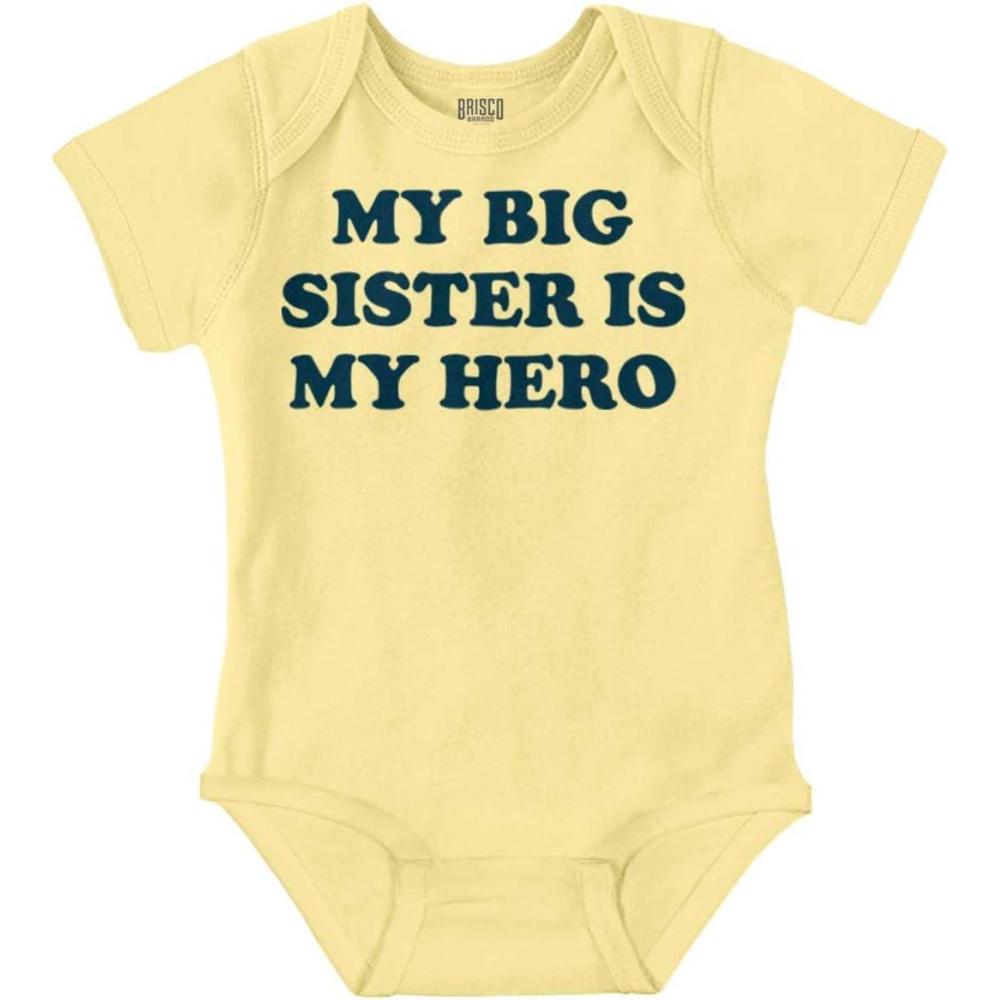 imageBrisco Brands My Big Sister My Hero Little Sis Love Baby Romper Boys or GirlsBanana
