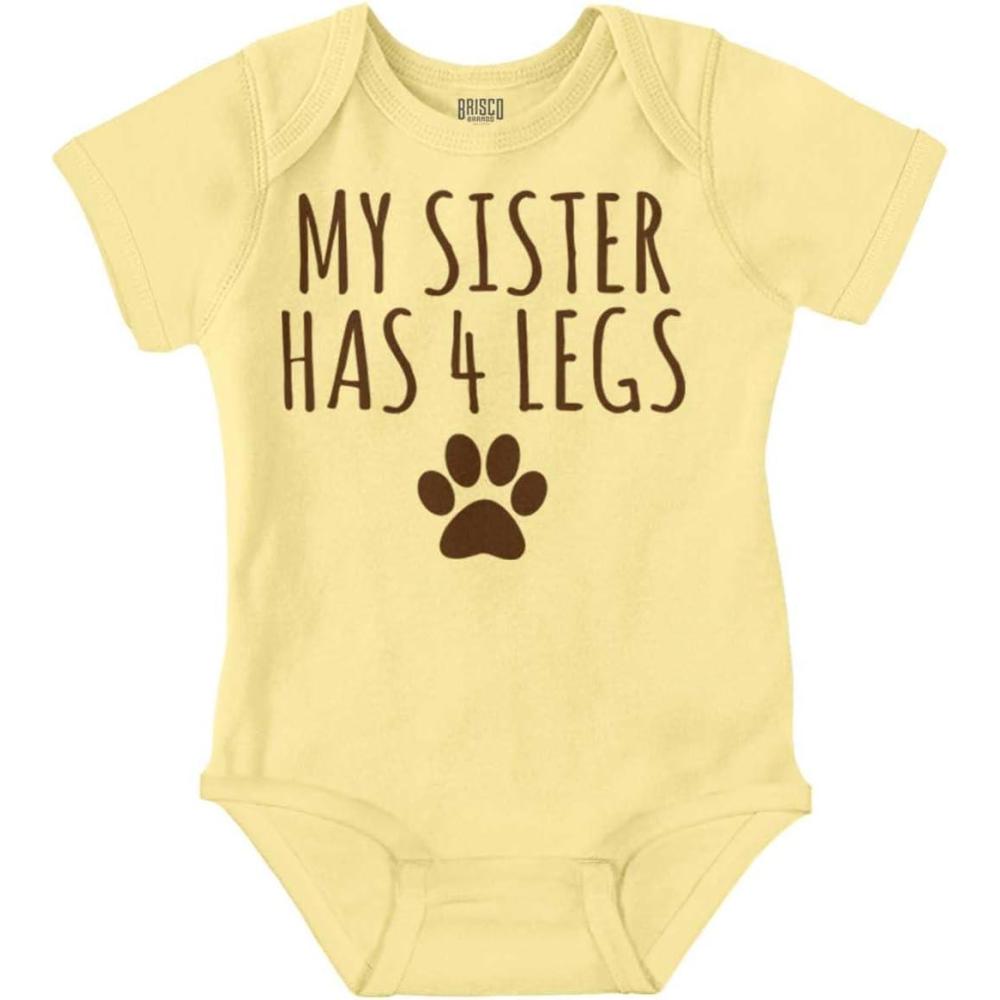 imageBrisco Brands My Sister Has 4 Legs Paw Print Baby Romper Boys or GirlsBanana