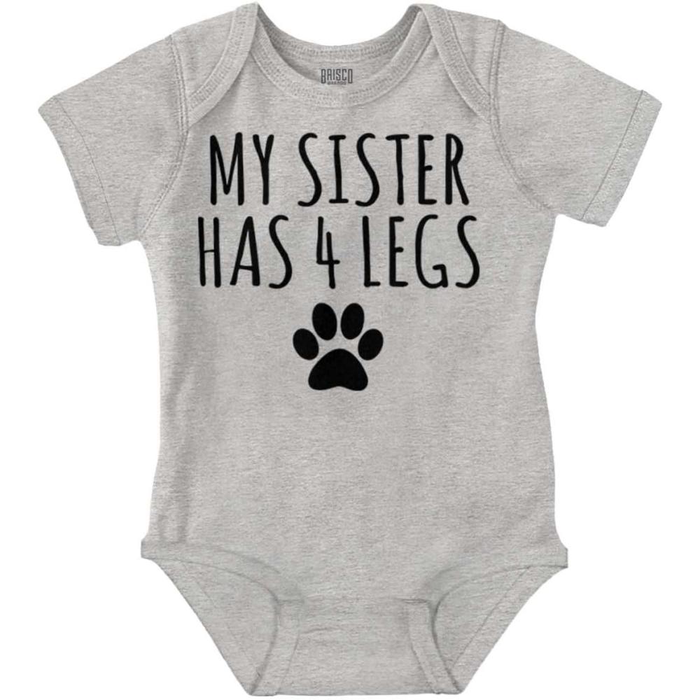 imageBrisco Brands My Sister Has 4 Legs Paw Print Baby Romper Boys or GirlsHeather