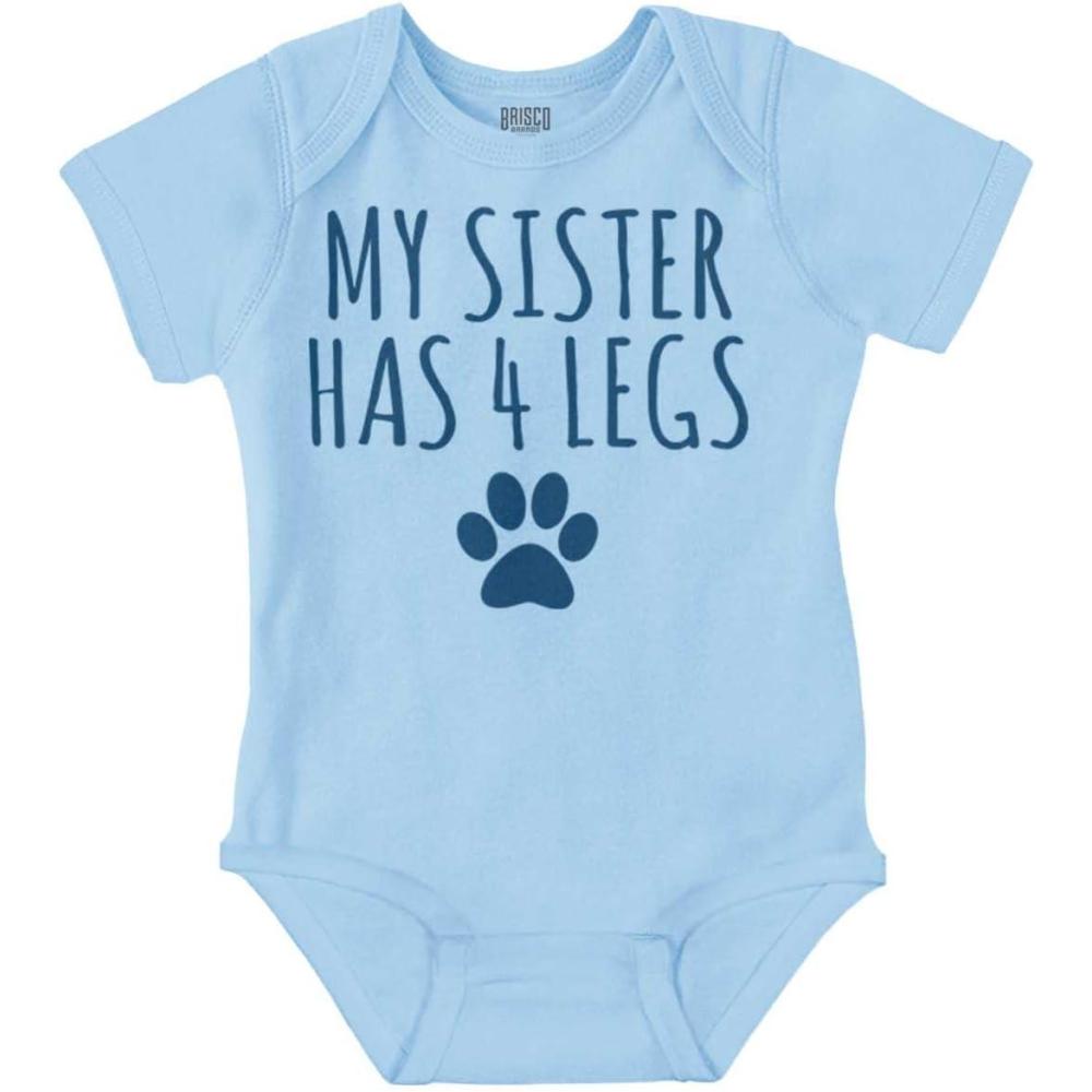 imageBrisco Brands My Sister Has 4 Legs Paw Print Baby Romper Boys or GirlsLight Blue