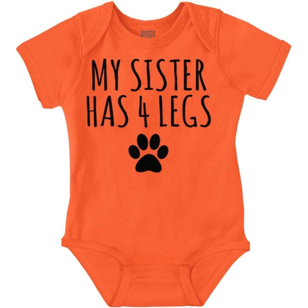 imageBrisco Brands My Sister Has 4 Legs Paw Print Baby Romper Boys or GirlsOrange