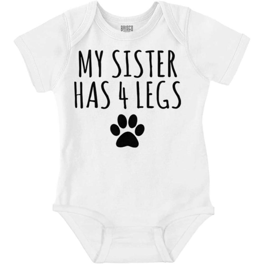 imageBrisco Brands My Sister Has 4 Legs Paw Print Baby Romper Boys or GirlsWhite