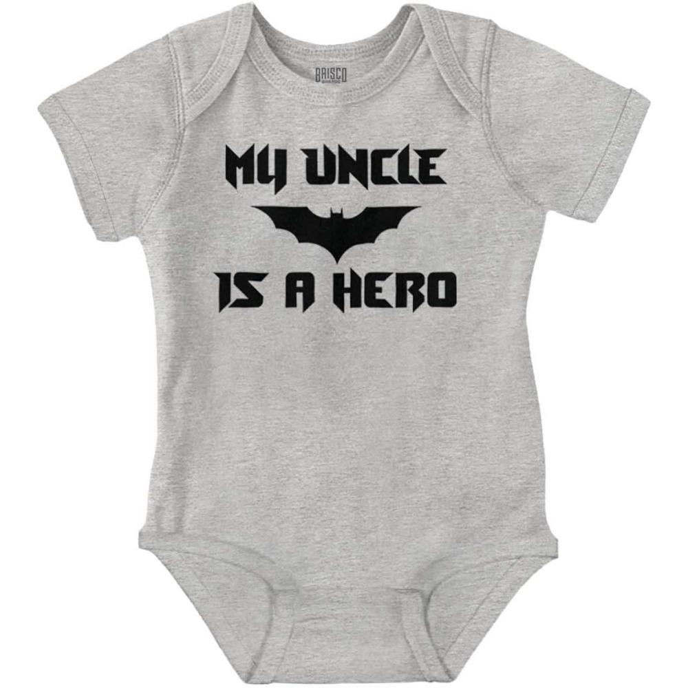 imageBrisco Brands My Uncle is a Hero Superhero Bat Baby Romper Boys or GirlsHeather
