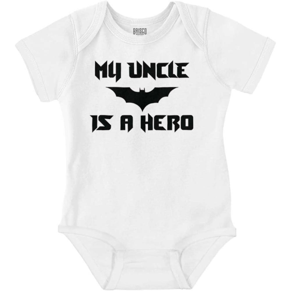 imageBrisco Brands My Uncle is a Hero Superhero Bat Baby Romper Boys or GirlsWhite