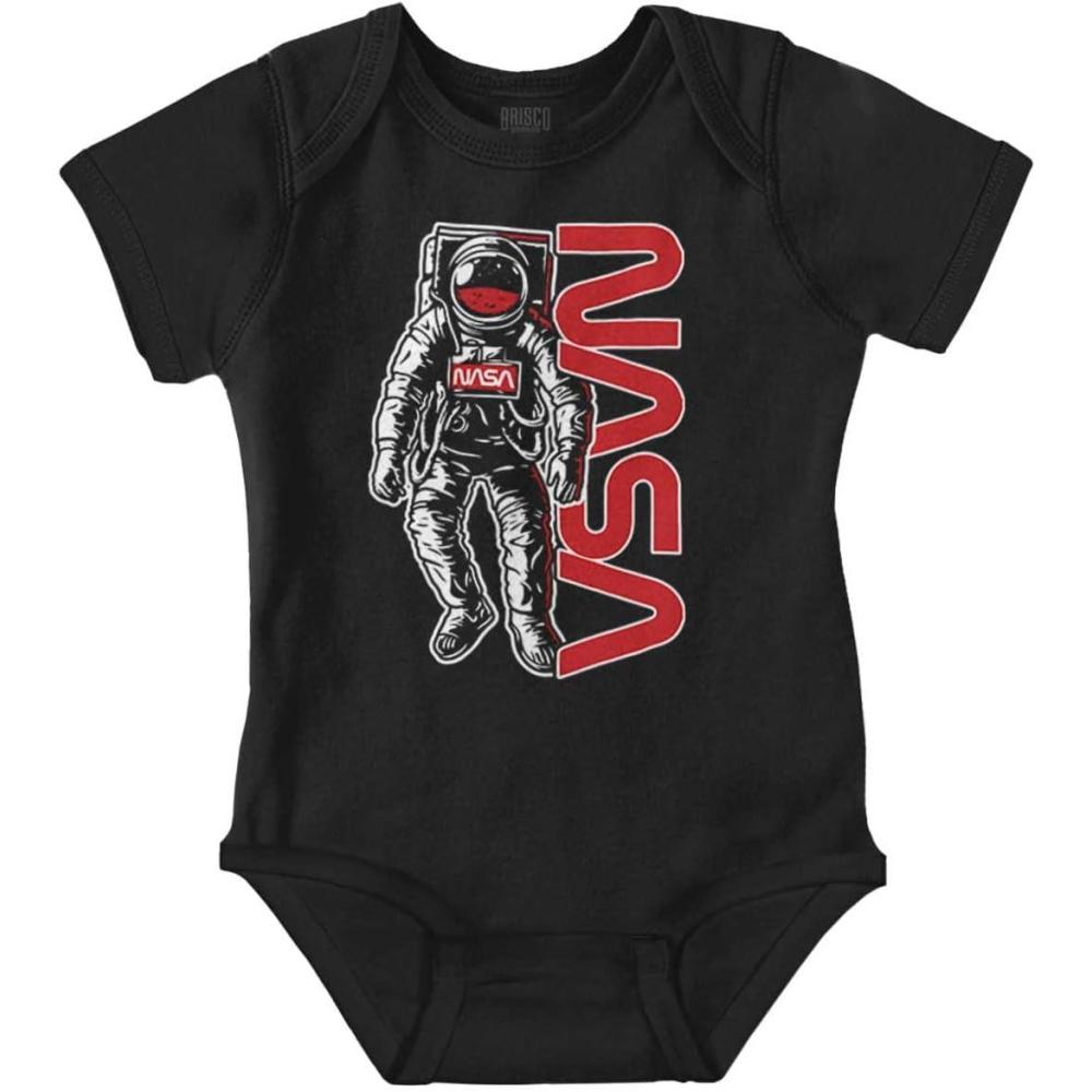 imageBrisco Brands Retro Astronaut NASA Worm Logo Baby Romper Boys or GirlsBlack
