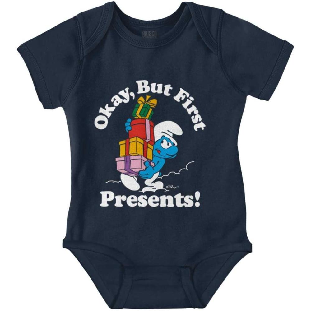 imageBrisco Brands Smurfs Cartoon Christmas Presents Baby Romper Boys or GirlsNavy