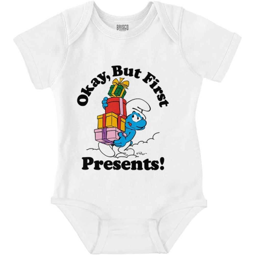 imageBrisco Brands Smurfs Cartoon Christmas Presents Baby Romper Boys or GirlsWhite