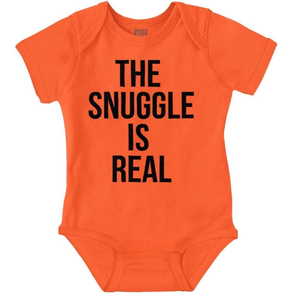 imageBrisco Brands The Snuggle Is Real Funny Pun Cute Baby Romper Boys or GirlsOrange