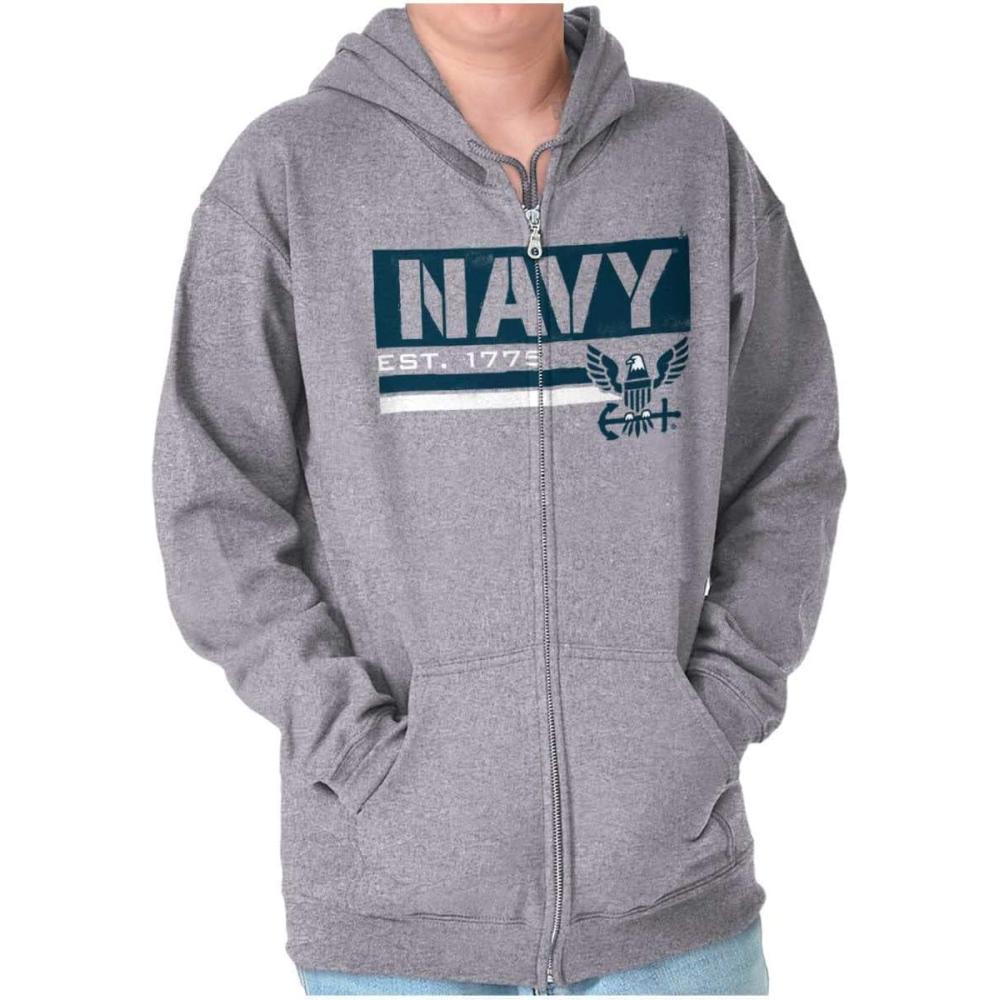 imageBrisco Brands US Navy Est 1775 Eagle Anchor Symbol Zip Up Hoodie Mens WomensSport Grey