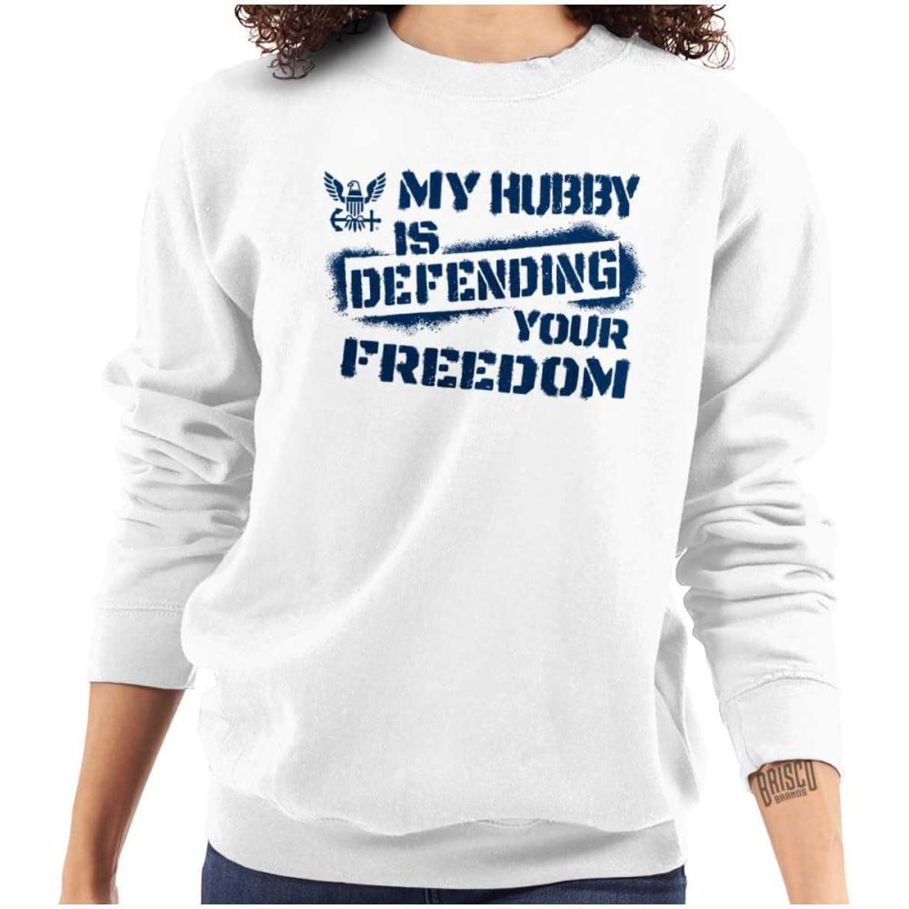 imageBrisco Brands US Navy Husband Defending Freedom Wife Sweatshirt for Men or WomenWhite