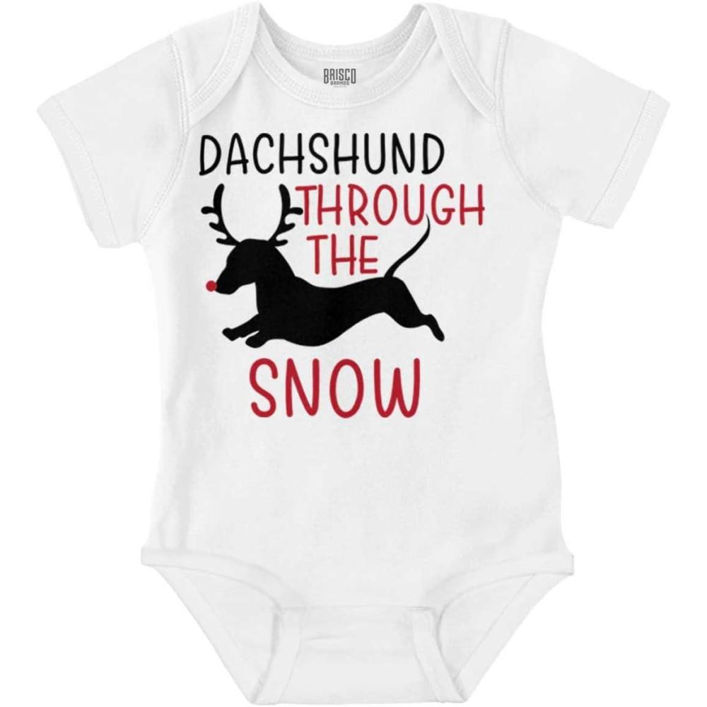 imageBrisco Brands Xmas Dachshund Through The Snow Baby Romper Boys or GirlsWhite