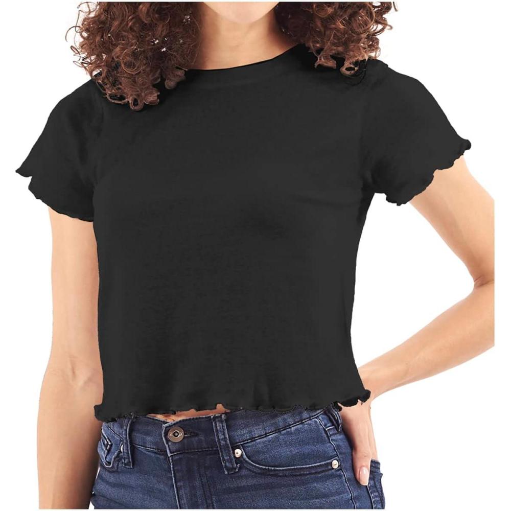 imageWomens Lettuce Edge Crop Top Junior Ruffle Trim Crewneck TShirtBlack
