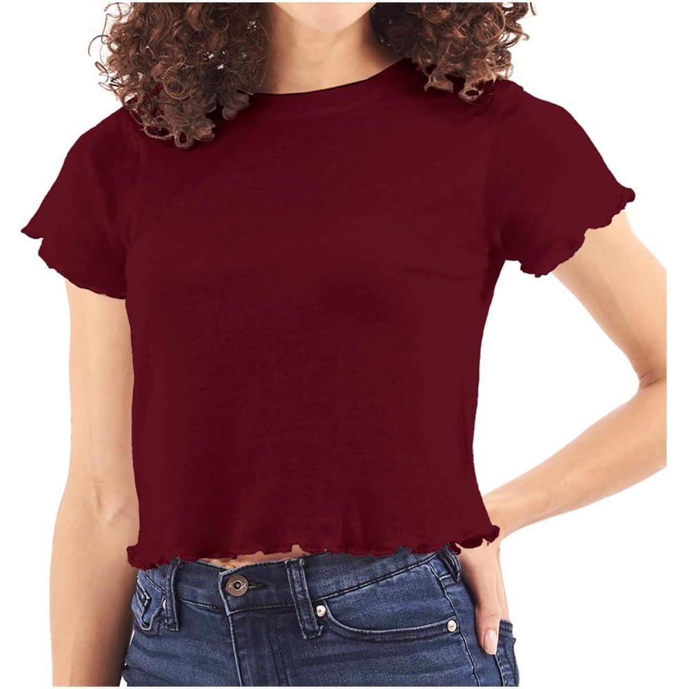 imageWomens Lettuce Edge Crop Top Junior Ruffle Trim Crewneck TShirtBurgundy